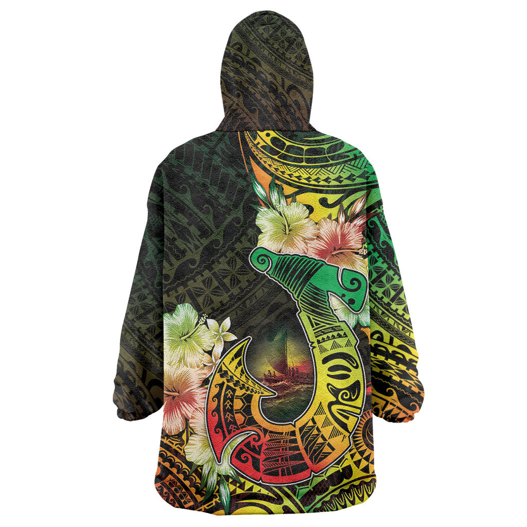 Hawaii Discoverers Day Wearable Blanket Hoodie Polynesian Fish Hook With Hibiscus Reggae LT05 - Polynesian Pride