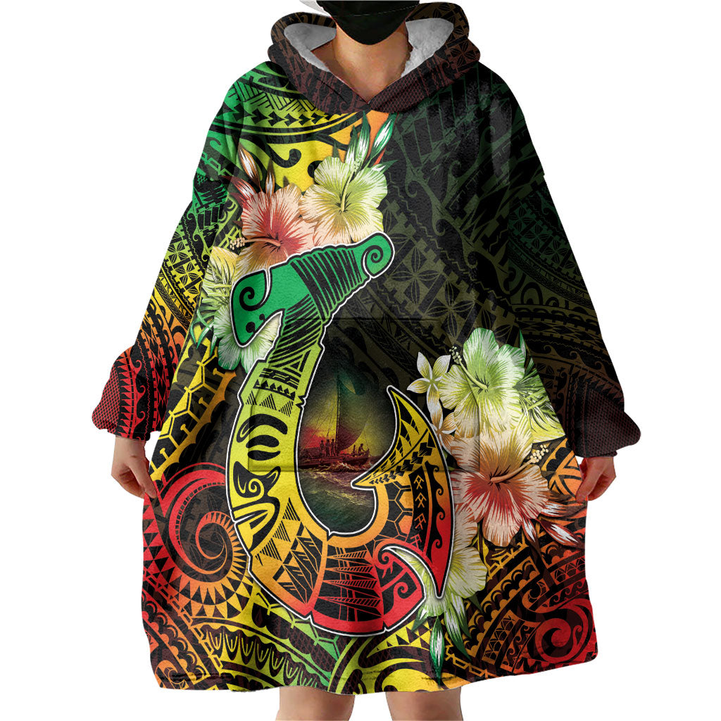 Hawaii Discoverers Day Wearable Blanket Hoodie Polynesian Fish Hook With Hibiscus Reggae LT05 - Polynesian Pride
