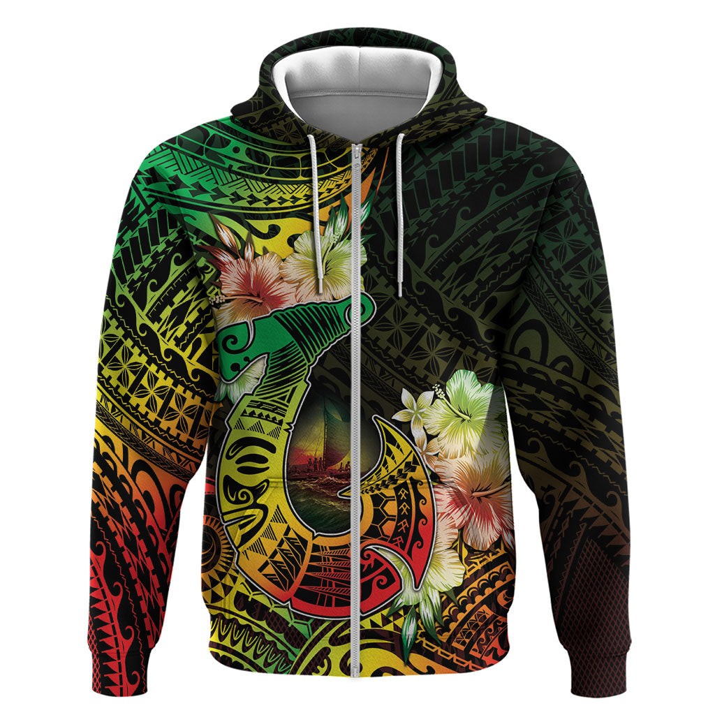 Hawaii Discoverers Day Zip Hoodie Polynesian Fish Hook With Hibiscus Reggae LT05 Zip Hoodie Reggae - Polynesian Pride
