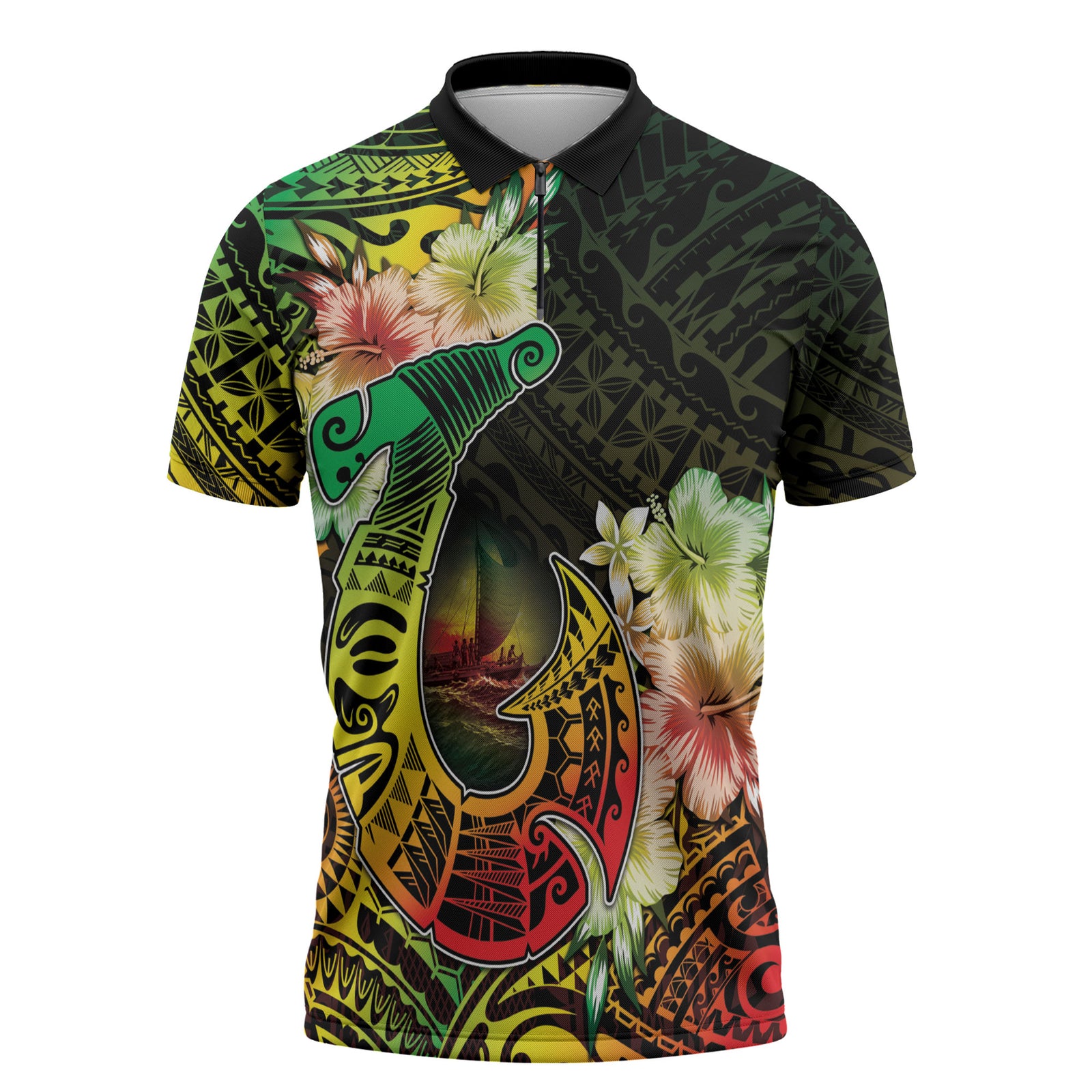 Hawaii Discoverers Day Zipper Polo Shirt Polynesian Fish Hook With Hibiscus Reggae LT05 Reggae - Polynesian Pride