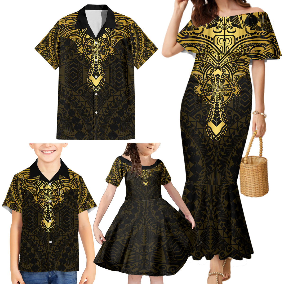 Personalized Polynesia Family Matching Mermaid Dress and Hawaiian Shirt With Christian Cross LT05 - Polynesian Pride