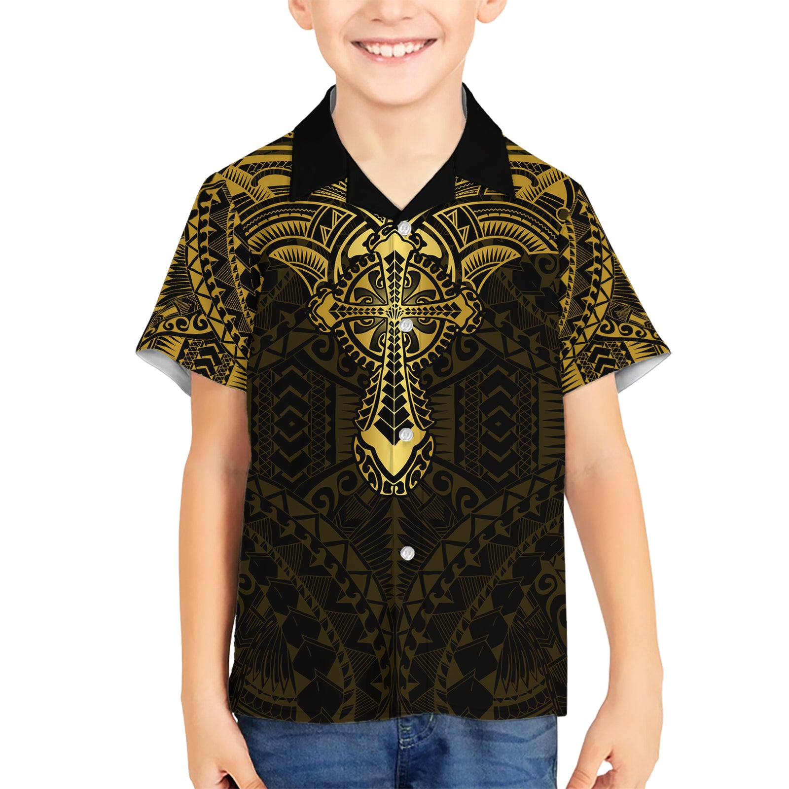 Personalized Polynesia Kid Hawaiian Shirt With Christian Cross LT05 Kid Gold - Polynesian Pride