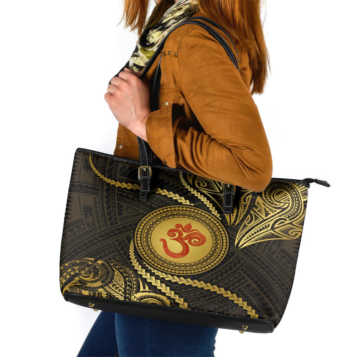 Polynesia Leather Tote Bag With Hindu Om Symbol LT05 Gold - Polynesian Pride