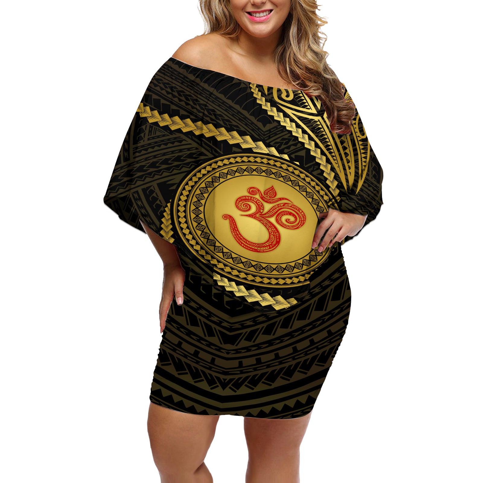 Polynesia Off Shoulder Short Dress With Hindu Om Symbol LT05 Women Gold - Polynesian Pride