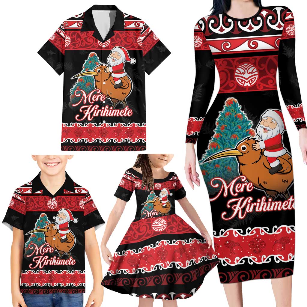 New Zealand Christmas Family Matching Long Sleeve Bodycon Dress and Hawaiian Shirt Funny Santa Riding Kiwi Meri Kirihimete