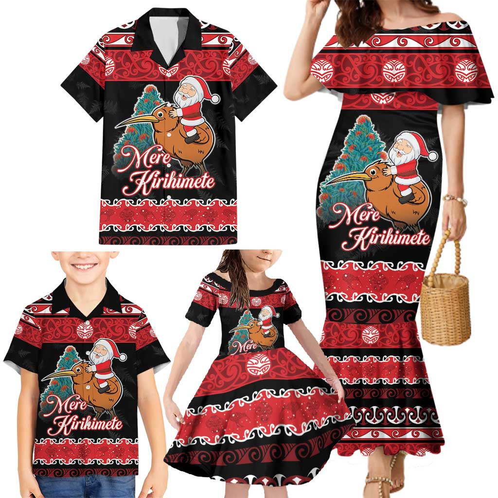 New Zealand Christmas Family Matching Mermaid Dress and Hawaiian Shirt Funny Santa Riding Kiwi Meri Kirihimete