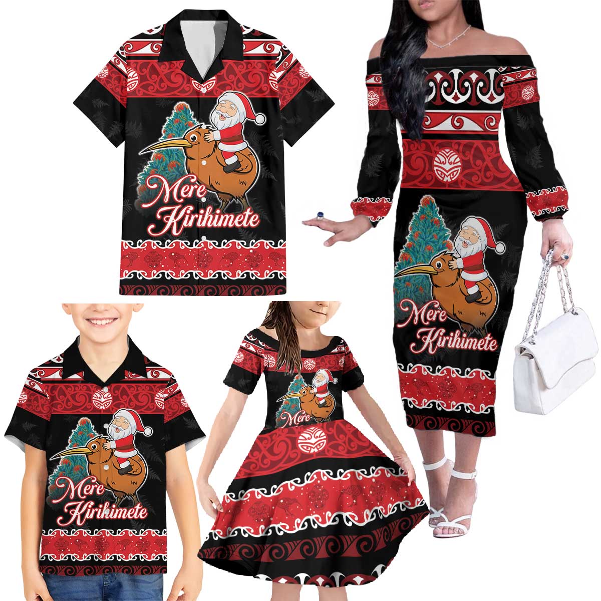 New Zealand Christmas Family Matching Off The Shoulder Long Sleeve Dress and Hawaiian Shirt Funny Santa Riding Kiwi Meri Kirihimete