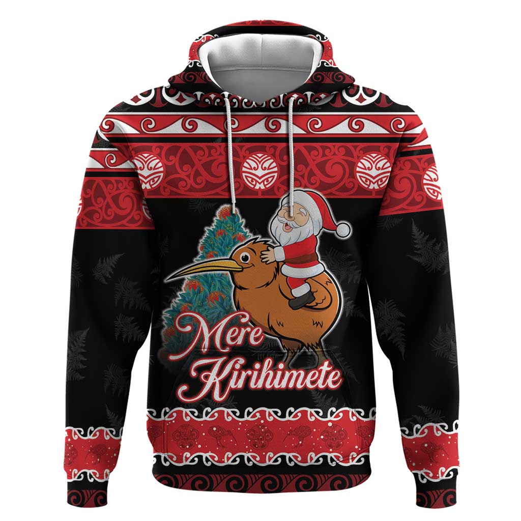 New Zealand Christmas Hoodie Funny Santa Riding Kiwi Meri Kirihimete LT05 Pullover Hoodie Black - Polynesian Pride