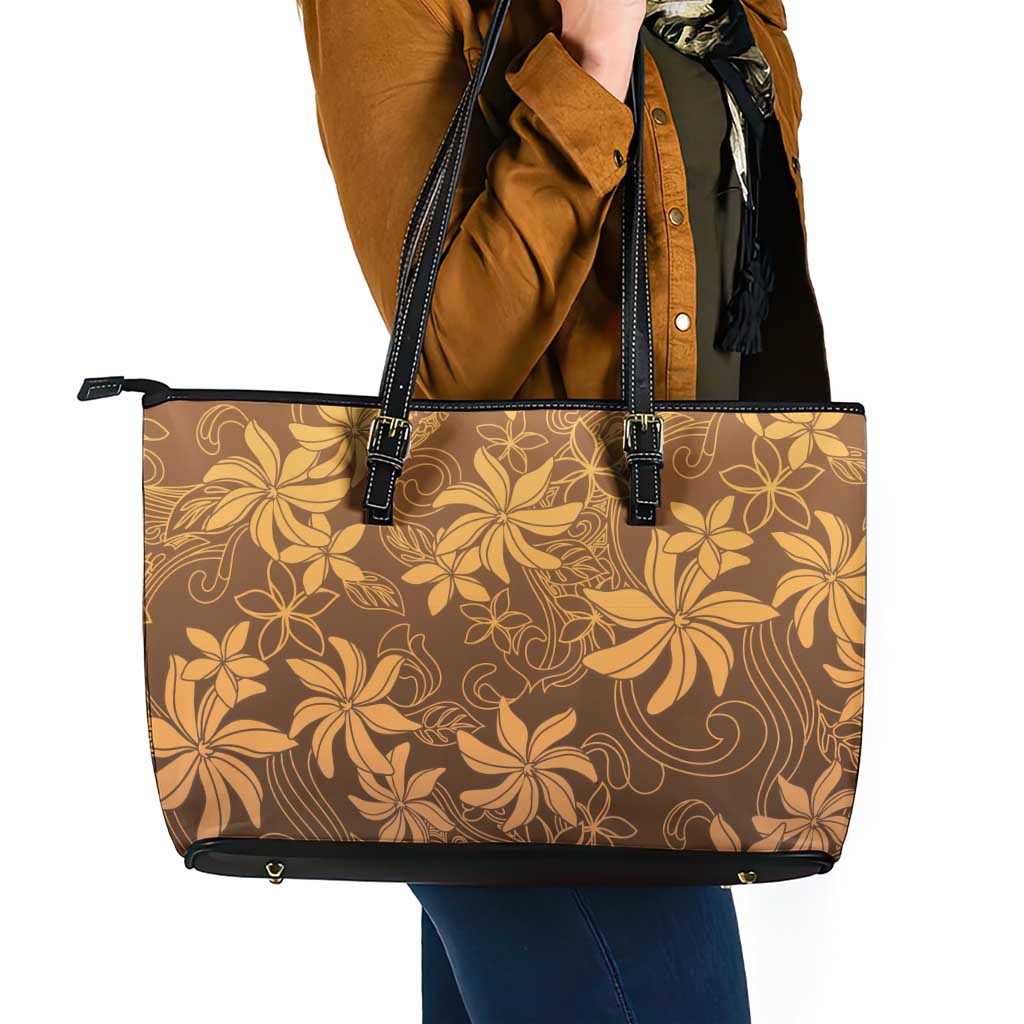 Tiare Tahiti Leather Tote Bag Brown Polynesia Motifs LT05 - Polynesian Pride