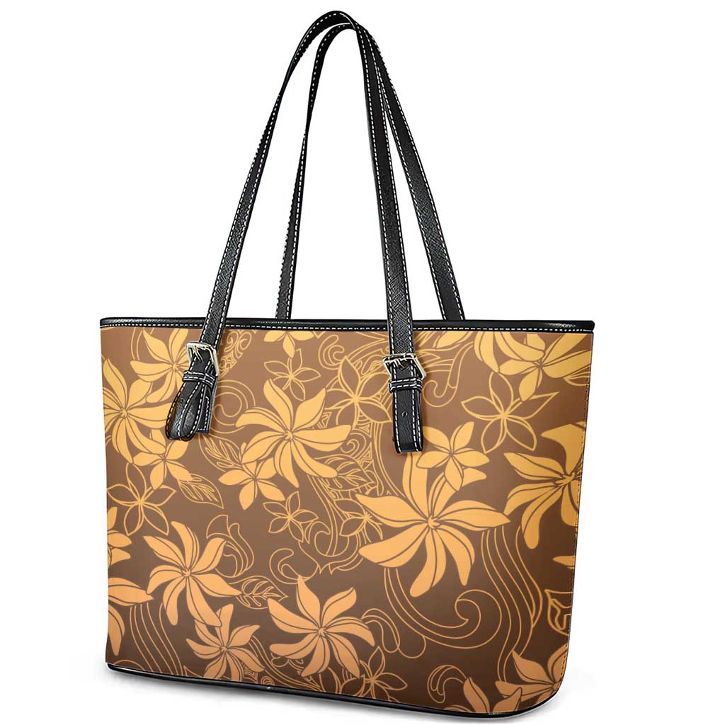 Tiare Tahiti Leather Tote Bag Brown Polynesia Motifs LT05 - Polynesian Pride