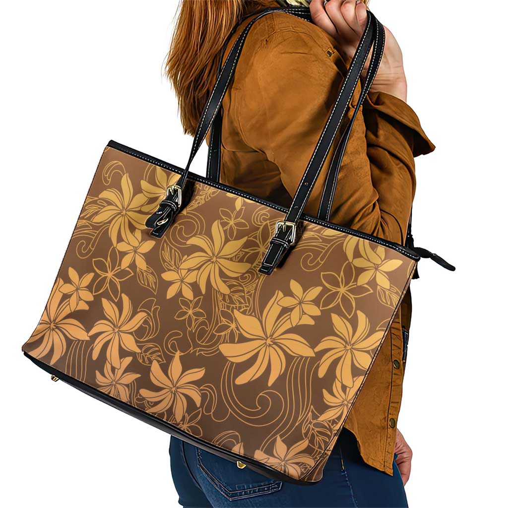 Tiare Tahiti Leather Tote Bag Brown Polynesia Motifs LT05 - Polynesian Pride