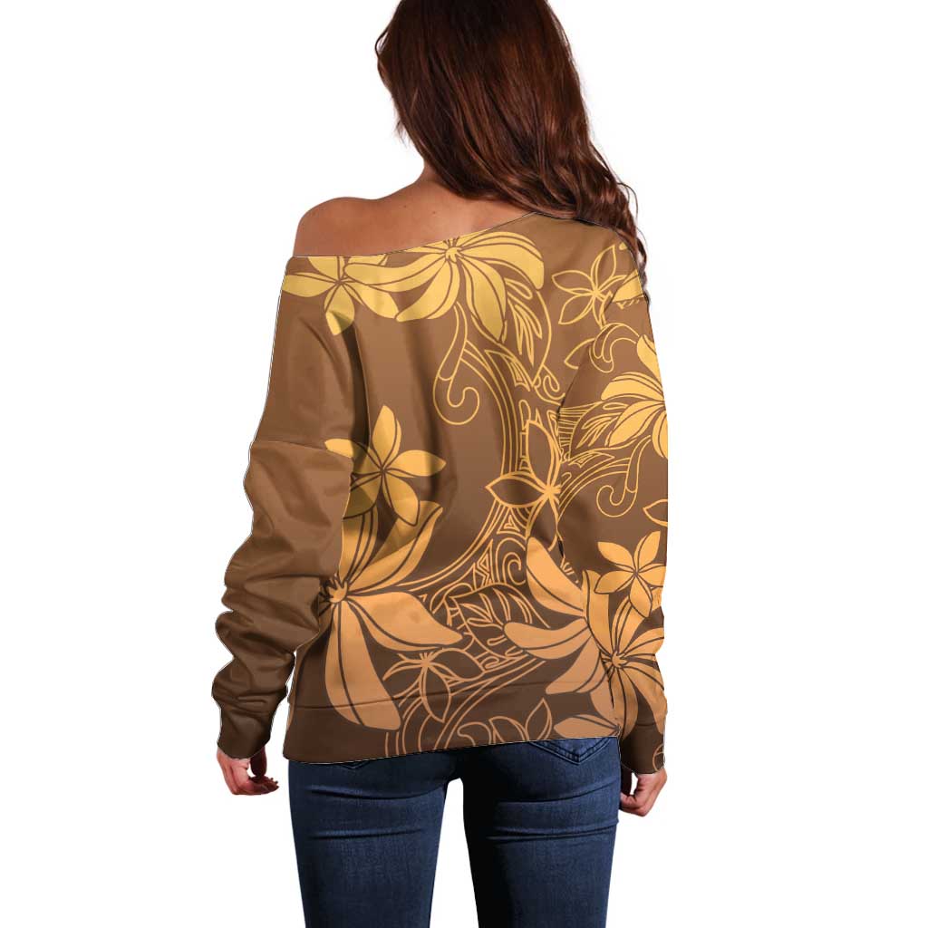 Tiare Tahiti Off Shoulder Sweater Brown Polynesia Motifs LT05 - Polynesian Pride