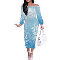 Tiare Tahiti Off The Shoulder Long Sleeve Dress Blue Polynesia Motifs LT05 Women Blue - Polynesian Pride