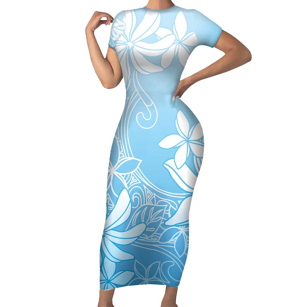 Tiare Tahiti Short Sleeve Bodycon Dress Blue Polynesia Motifs LT05 Long Dress Blue - Polynesian Pride