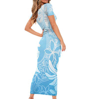 Tiare Tahiti Short Sleeve Bodycon Dress Blue Polynesia Motifs LT05 - Polynesian Pride