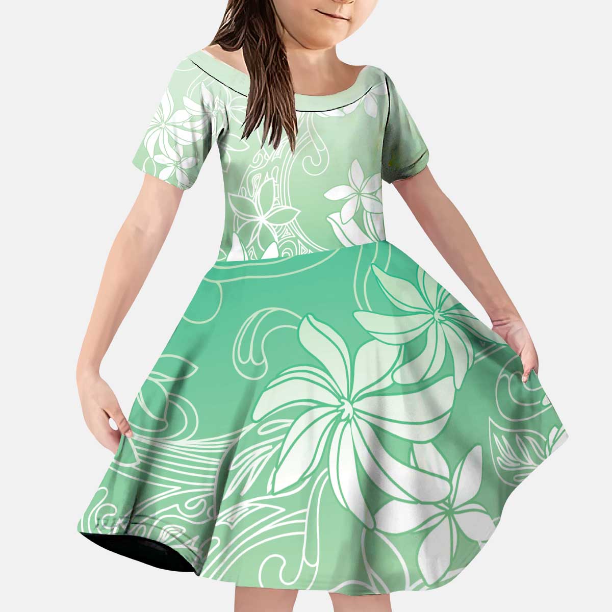 Tiare Tahiti Kid Short Sleeve Dress Matcha Polynesia Motifs LT05 KID Green - Polynesian Pride