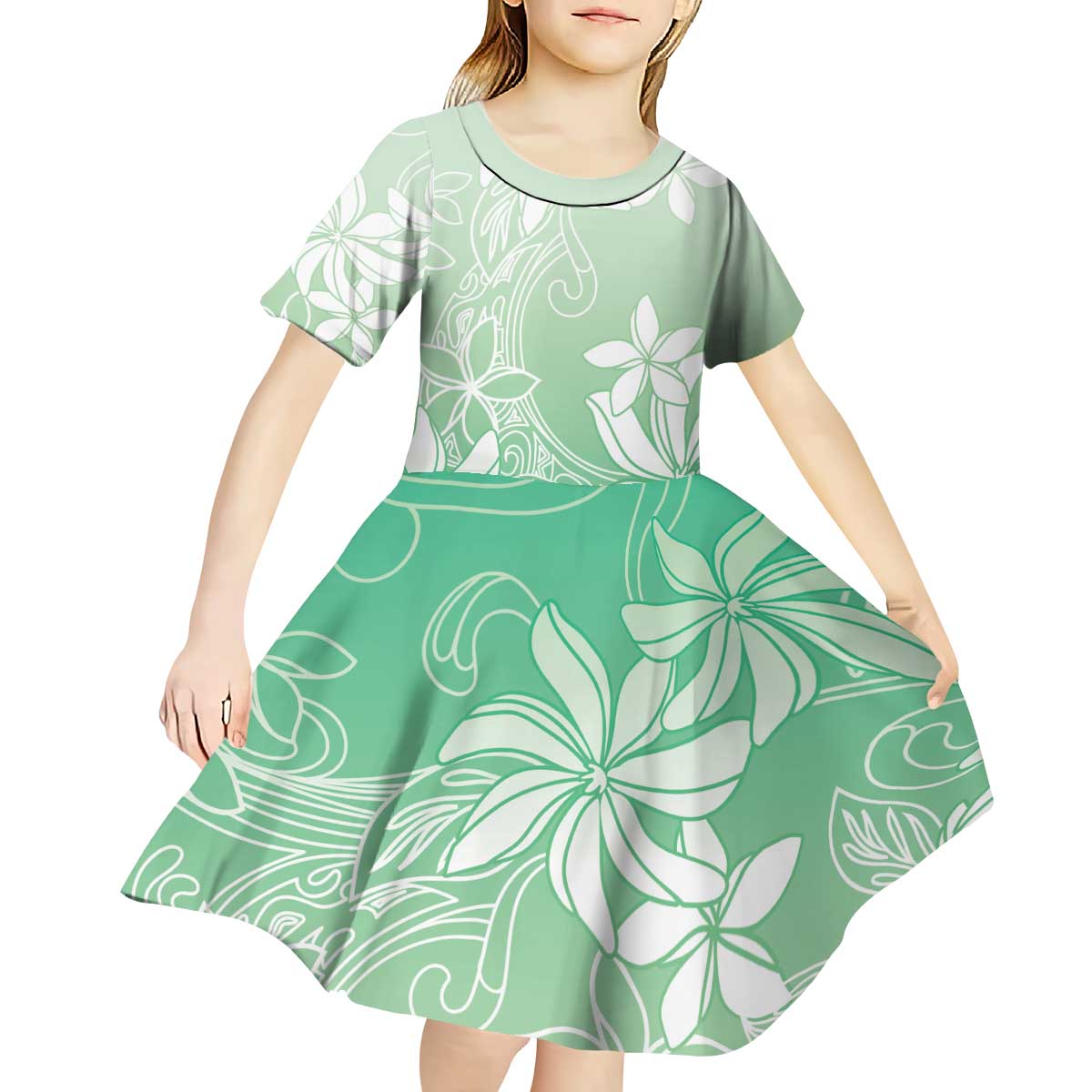 Tiare Tahiti Kid Short Sleeve Dress Matcha Polynesia Motifs LT05 - Polynesian Pride