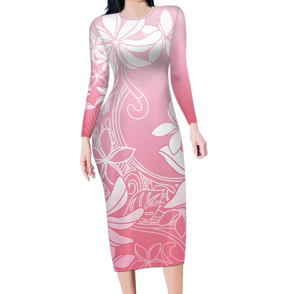 Tiare Tahiti Long Sleeve Bodycon Dress Pink Polynesia Motifs LT05 Long Dress Pink - Polynesian Pride