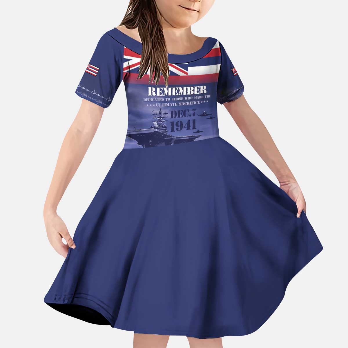 Hawaii Pearl Harbor Remembrance Day Kid Short Sleeve Dress Flag Style LT05 KID Blue - Polynesian Pride
