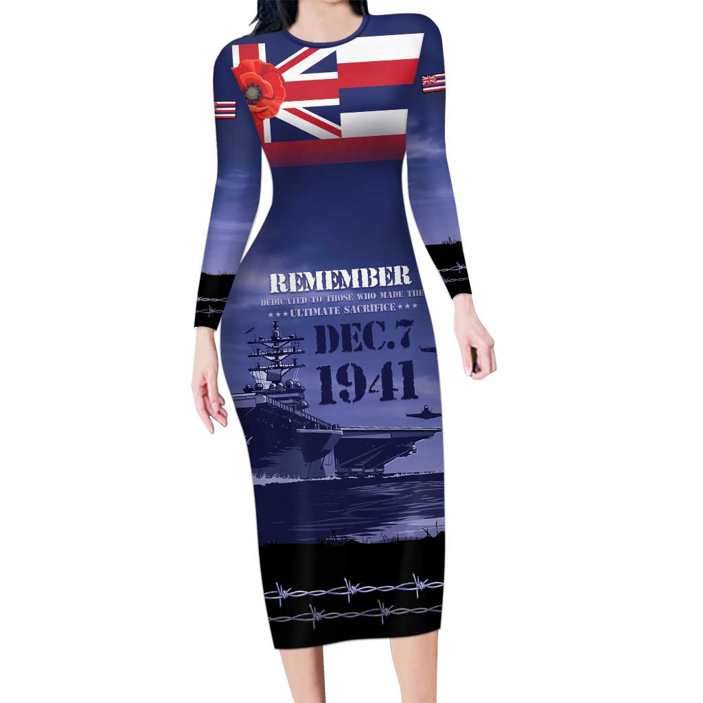 Hawaii Pearl Harbor Remembrance Day Long Sleeve Bodycon Dress Flag Style LT05 Long Dress Blue - Polynesian Pride