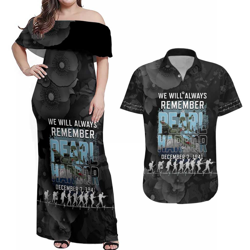 Personalized Pearl Harbor Remembrance Day Couples Matching Off Shoulder Maxi Dress and Hawaiian Shirt We Will Always Remember