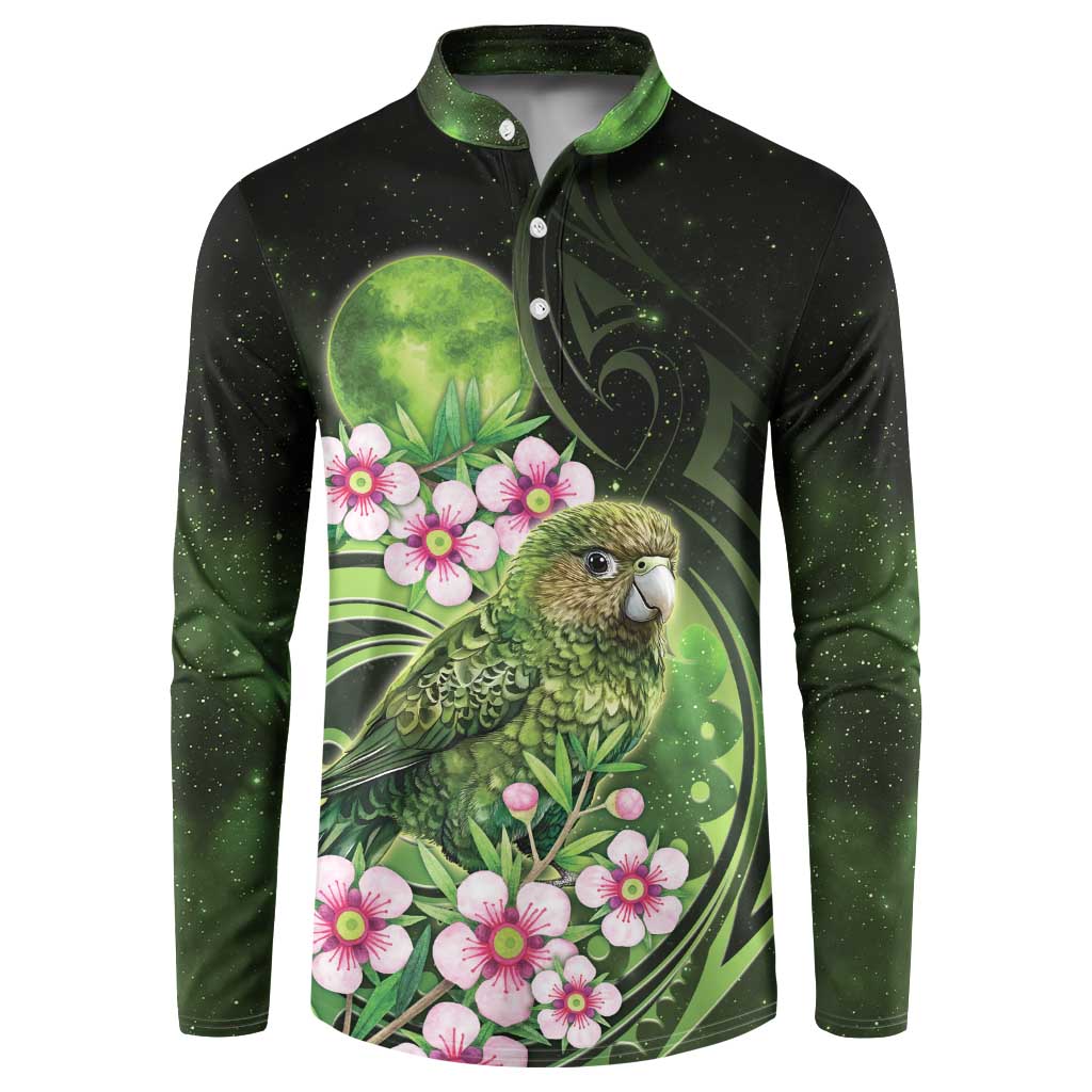 New Zealand Aotearoa Kakapo Button Sweatshirt Maori Pattern With Manuka Galaxy Style LT05 Green - Polynesian Pride