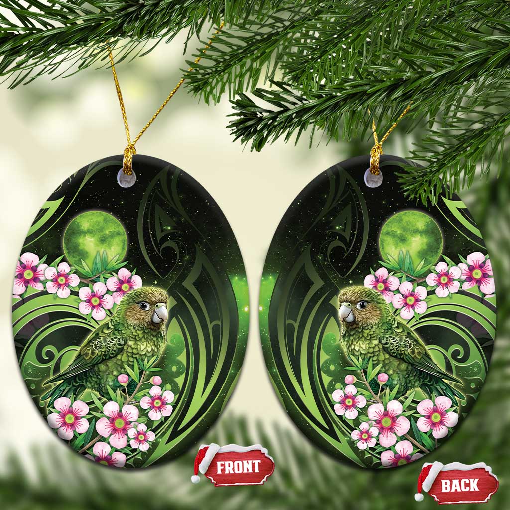 New Zealand Aotearoa Kakapo Ceramic Ornament Maori Pattern With Manuka Galaxy Style LT05 Oval Green - Polynesian Pride