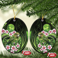 New Zealand Aotearoa Kakapo Ceramic Ornament Maori Pattern With Manuka Galaxy Style LT05 Oval Green - Polynesian Pride