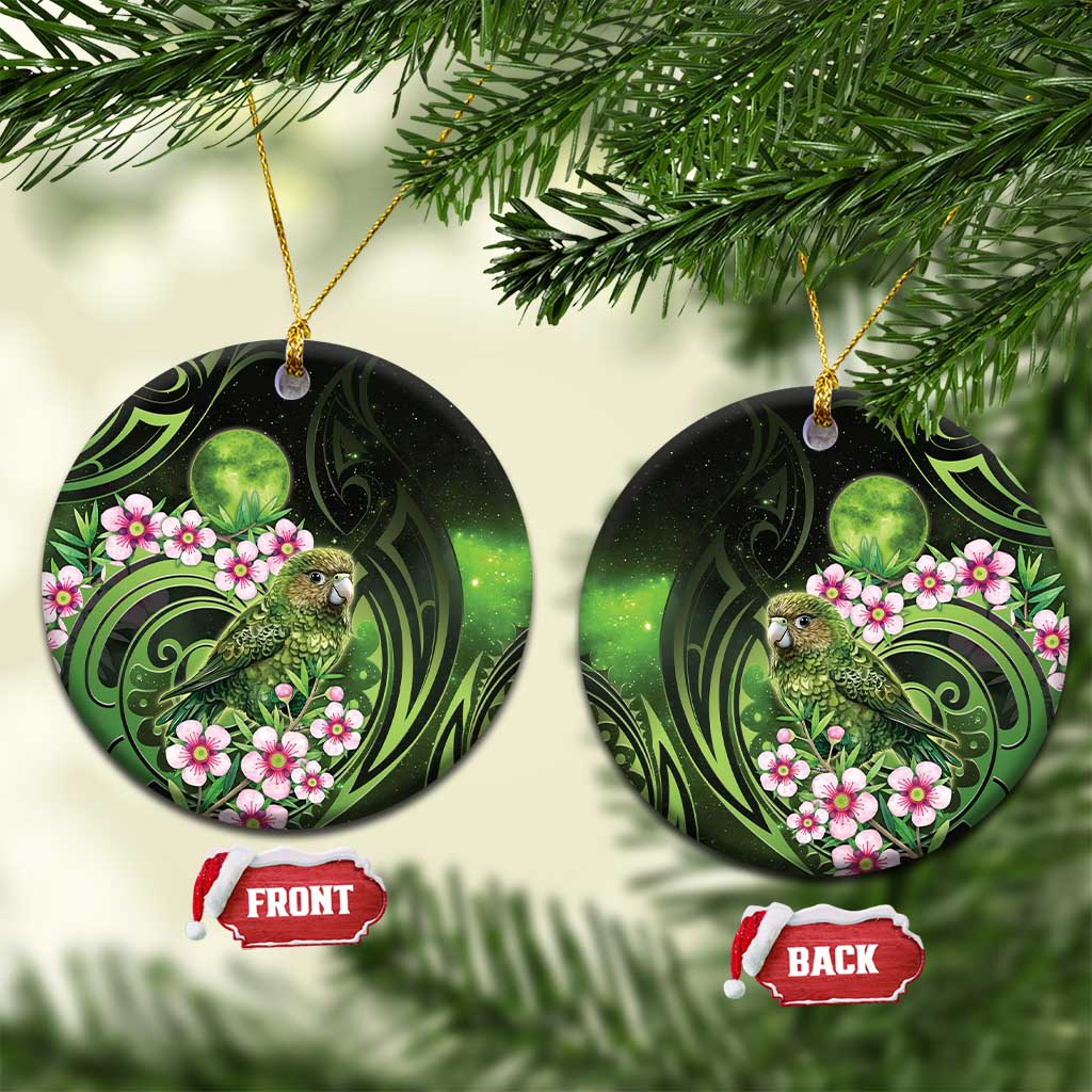 New Zealand Aotearoa Kakapo Ceramic Ornament Maori Pattern With Manuka Galaxy Style LT05 Circle Green - Polynesian Pride
