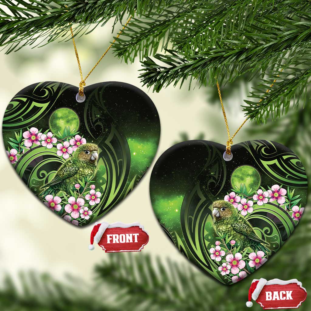New Zealand Aotearoa Kakapo Ceramic Ornament Maori Pattern With Manuka Galaxy Style LT05 Heart Green - Polynesian Pride