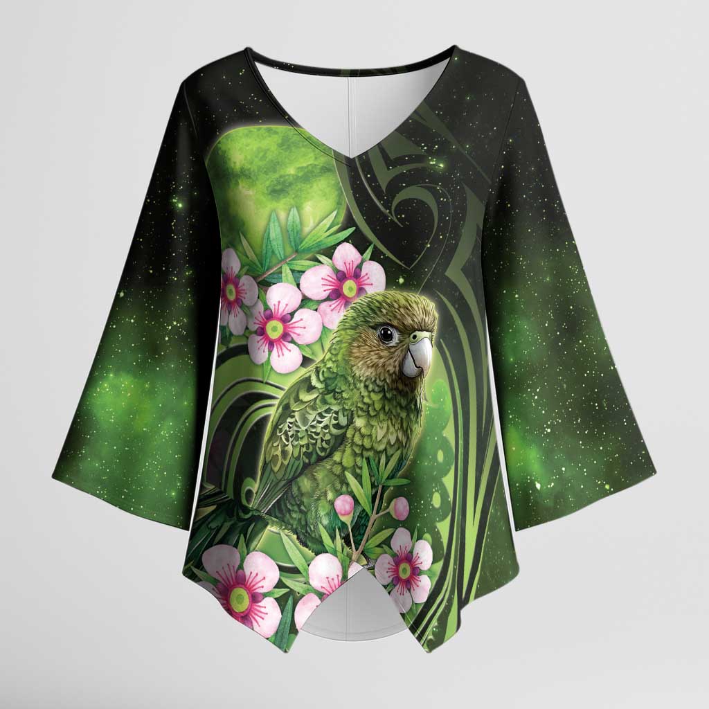New Zealand Aotearoa Kakapo Kimono Sleeve Blouse Maori Pattern With Manuka Galaxy Style LT05 Female Green - Polynesian Pride
