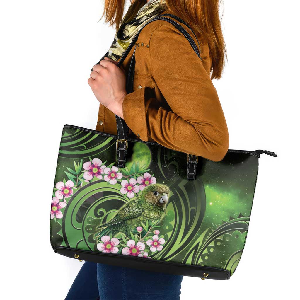 New Zealand Aotearoa Kakapo Leather Tote Bag Maori Pattern With Manuka Galaxy Style LT05 Green - Polynesian Pride