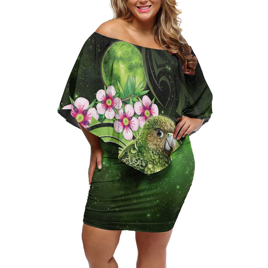 New Zealand Aotearoa Kakapo Off Shoulder Short Dress Maori Pattern With Manuka Galaxy Style LT05 Women Green - Polynesian Pride