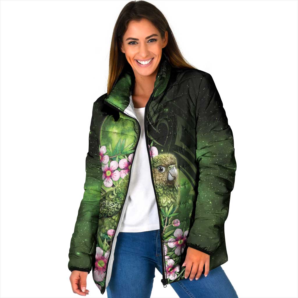 New Zealand Aotearoa Kakapo Padded Jacket Maori Pattern With Manuka Galaxy Style LT05 Women Green - Polynesian Pride