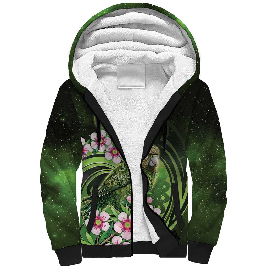 New Zealand Aotearoa Kakapo Sherpa Hoodie Maori Pattern With Manuka Galaxy Style LT05 Unisex Green - Polynesian Pride