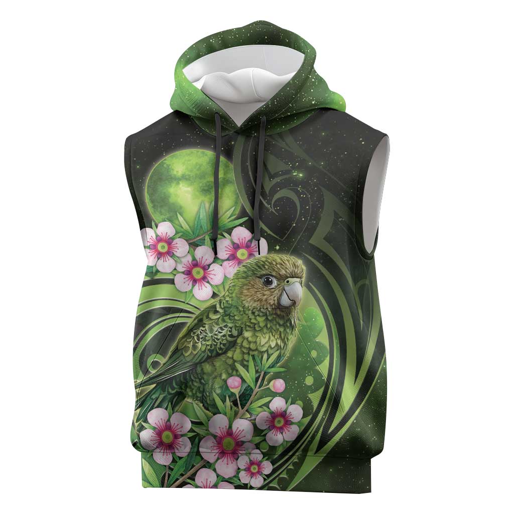 New Zealand Aotearoa Kakapo Sleeveless Hoodie Maori Pattern With Manuka Galaxy Style LT05 Green - Polynesian Pride