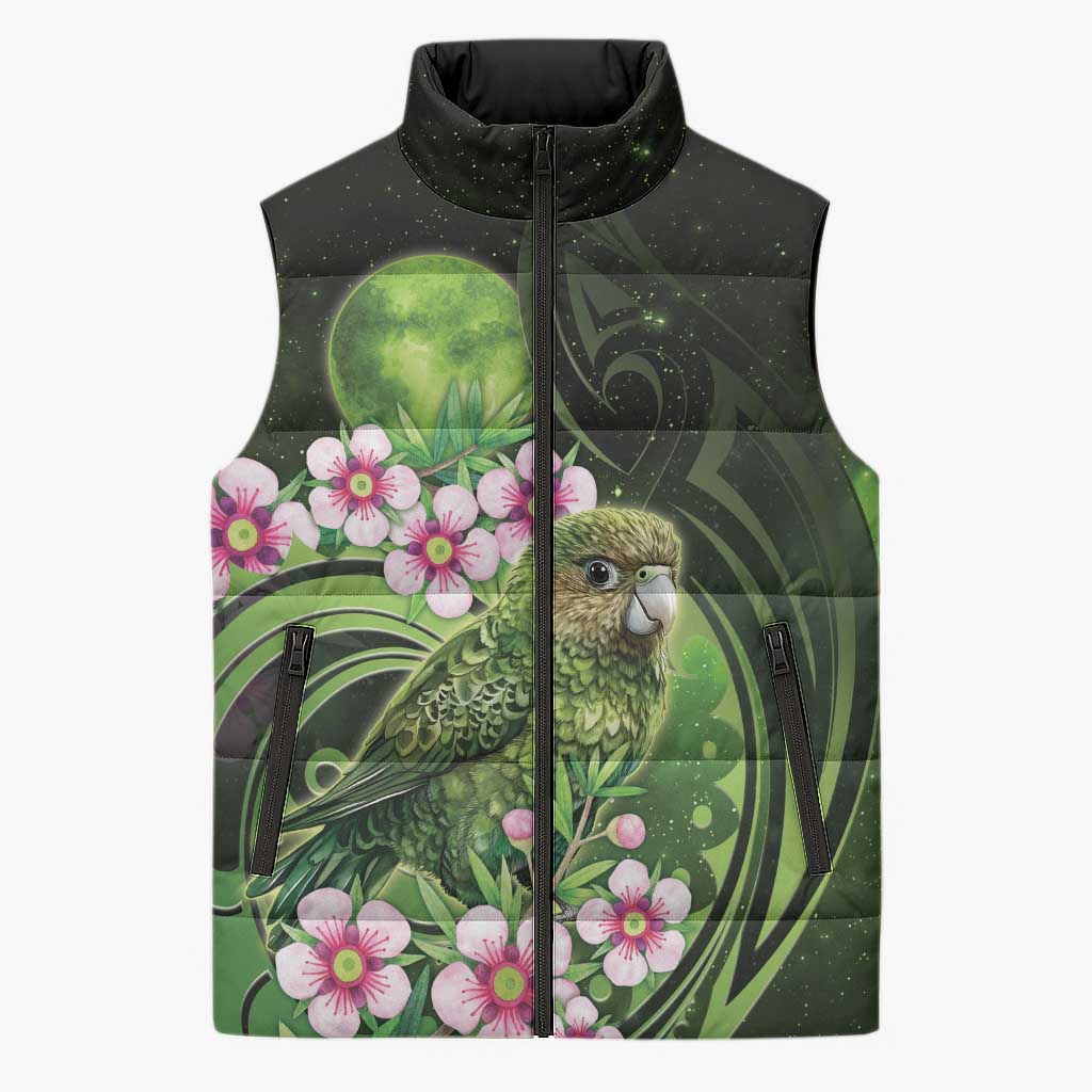 New Zealand Aotearoa Kakapo Sleeveless Puffer Jacket Maori Pattern With Manuka Galaxy Style LT05 Unisex Green - Polynesian Pride