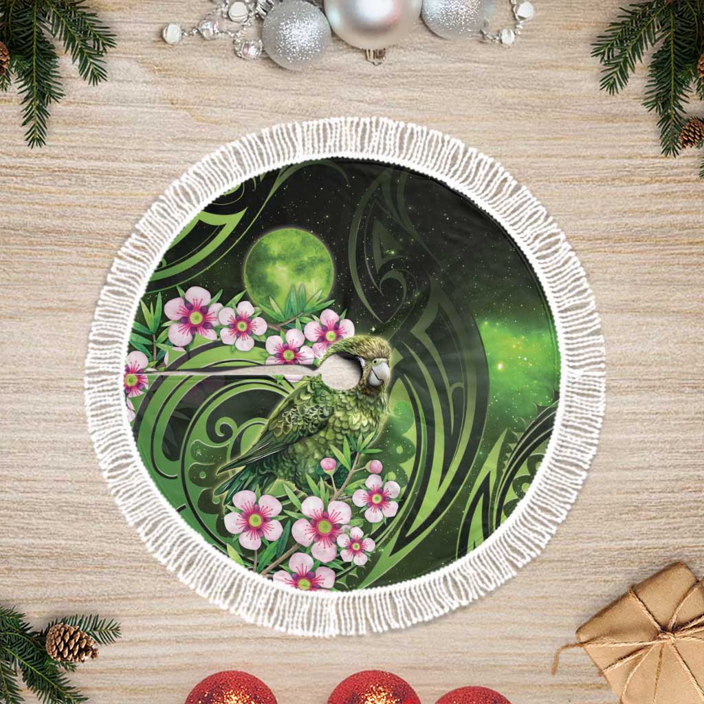 New Zealand Aotearoa Kakapo Tree Skirt Maori Pattern With Manuka Galaxy Style LT05 Fringed Green - Polynesian Pride