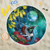New Zealand Tui Bird Beach Blanket Maori Koru With Pohutukawa Galaxy Style LT05 One Size 150cm Blue - Polynesian Pride
