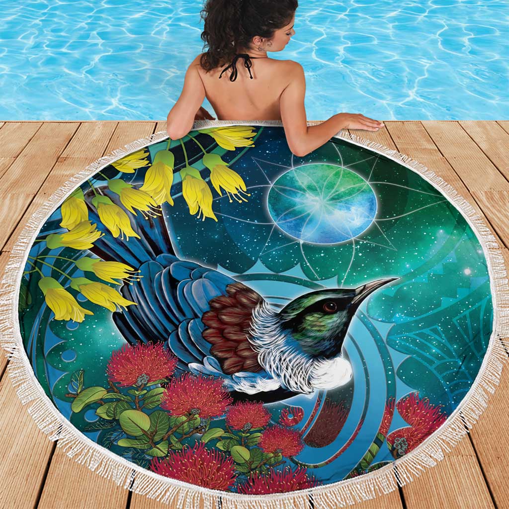 New Zealand Tui Bird Beach Blanket Maori Koru With Pohutukawa Galaxy Style LT05 - Polynesian Pride