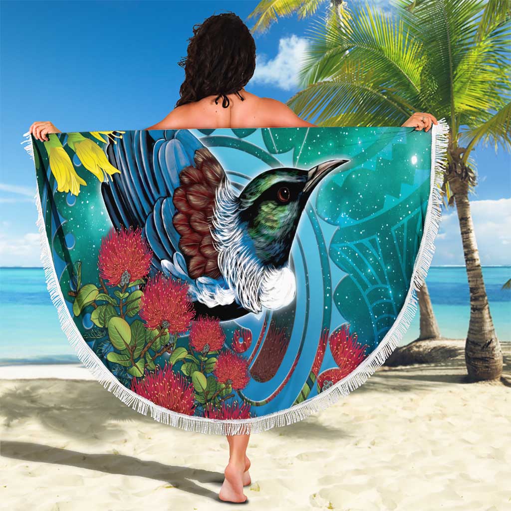 New Zealand Tui Bird Beach Blanket Maori Koru With Pohutukawa Galaxy Style LT05 - Polynesian Pride