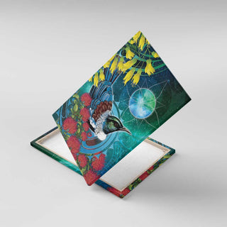 New Zealand Tui Bird Canvas Wall Art Maori Koru With Pohutukawa Galaxy Style LT05 - With Frame / 8 x 10 inches / Blue
