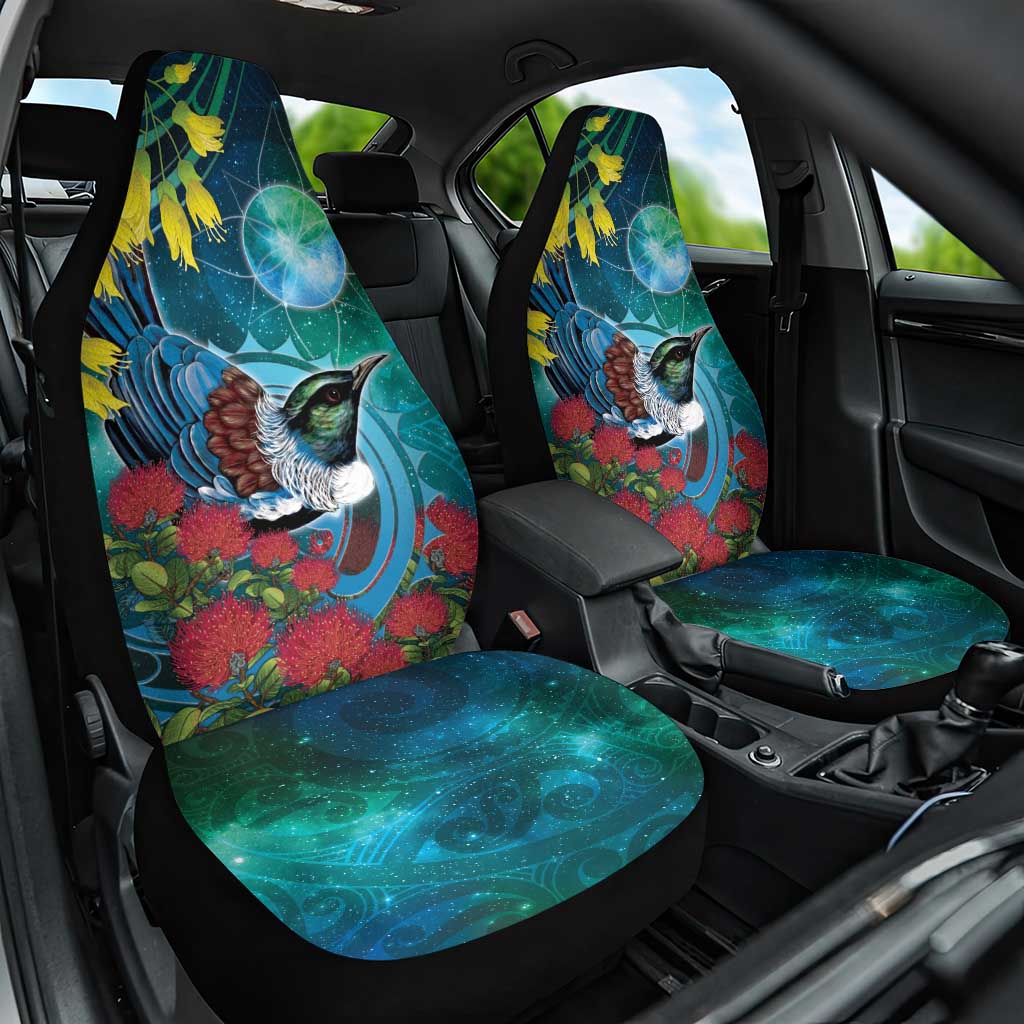 New Zealand Tui Bird Car Seat Cover Maori Koru With Pohutukawa Galaxy Style LT05 One Size Blue - Polynesian Pride