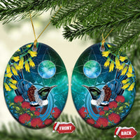 New Zealand Tui Bird Ceramic Ornament Maori Koru With Pohutukawa Galaxy Style LT05 Oval Blue - Polynesian Pride