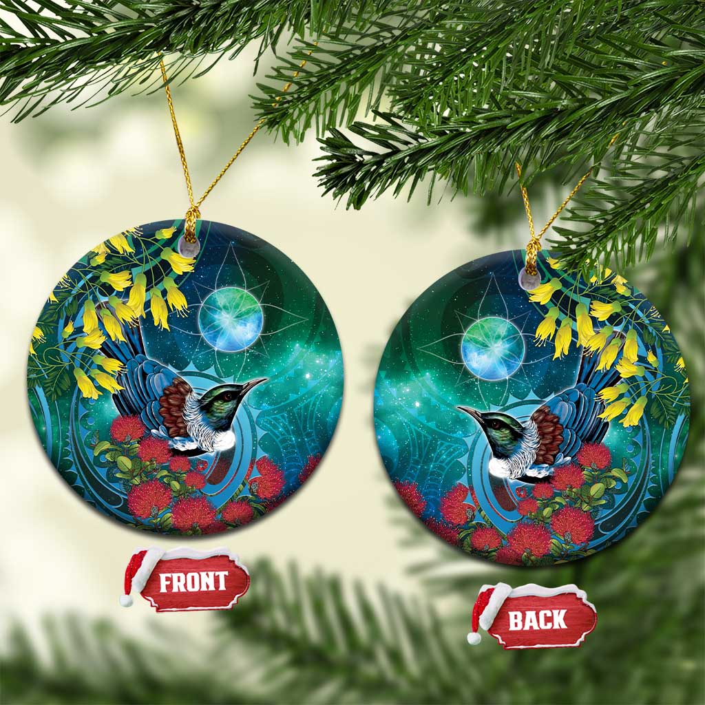 New Zealand Tui Bird Ceramic Ornament Maori Koru With Pohutukawa Galaxy Style LT05 Circle Blue - Polynesian Pride