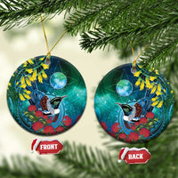 New Zealand Tui Bird Ceramic Ornament Maori Koru With Pohutukawa Galaxy Style LT05 Circle Blue - Polynesian Pride