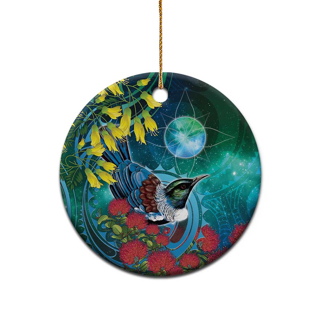 New Zealand Tui Bird Ceramic Ornament Maori Koru With Pohutukawa Galaxy Style LT05 - Polynesian Pride