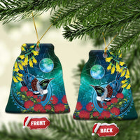 New Zealand Tui Bird Ceramic Ornament Maori Koru With Pohutukawa Galaxy Style LT05 Bell Flake Blue - Polynesian Pride