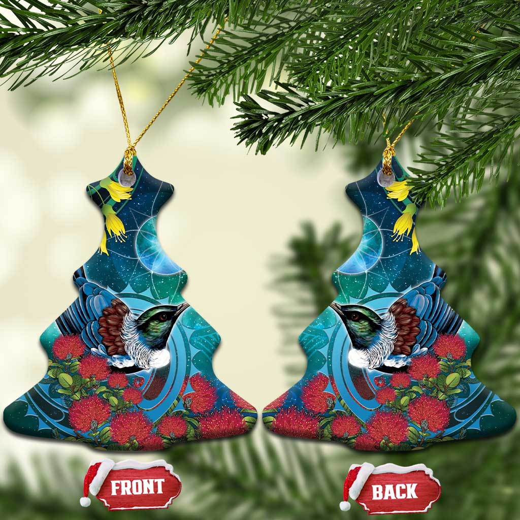 New Zealand Tui Bird Ceramic Ornament Maori Koru With Pohutukawa Galaxy Style LT05 Christmas Tree Blue - Polynesian Pride