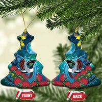 New Zealand Tui Bird Ceramic Ornament Maori Koru With Pohutukawa Galaxy Style LT05 Christmas Tree Blue - Polynesian Pride